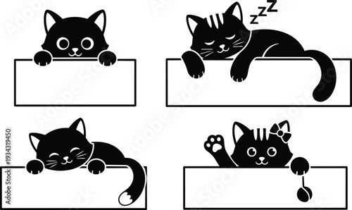 Cute black and white cat illustrations four placard signs top view close up sleeping waving paw looking at camera playful minimal vector flat silhouette rounded friendly