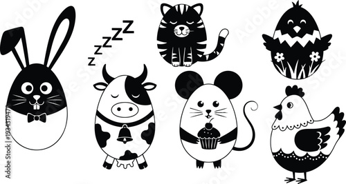 Black and white cute egg shaped animal characters rabbit with ears cow sleeping with zzz mouse holding cupcake tiger sitting chick in egg shell and hen