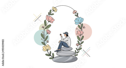 Person Sitting on Stacked Stones Inside Floral Wreath, Zen Meditation