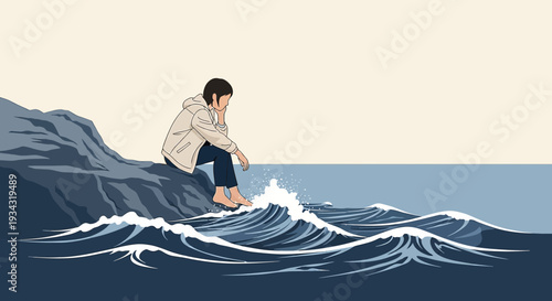 Person Sitting on Rocks by Ocean Waves, Contemplative Mood
