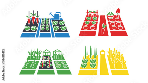 Four vibrant illustrations representing different agricultural or urban farming concepts