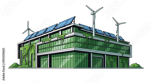 Modern Green Building with Solar Panels and Wind Turbines.