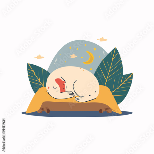 Cute hand drawn illustration of a sleeping cat on a pillow at night