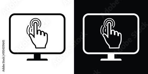 Touch screen monitor icon with a hand gesture. Vector illustration of a finger tapping a computer display, available in black and white versions for UI/UX design and digital interaction.