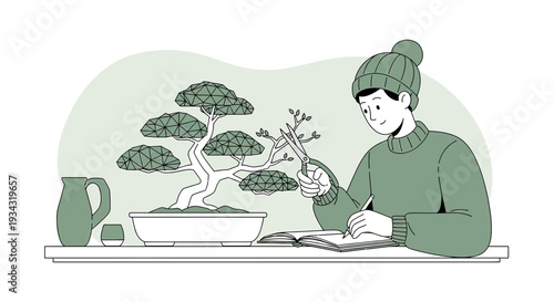 Person Tending Bonsai Tree, Artistic Illustration