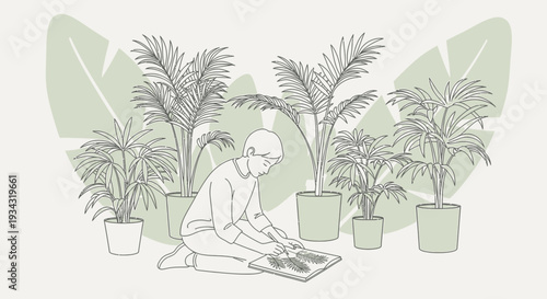 Person surrounded by plants tending to a small potted plant, line art illustration
