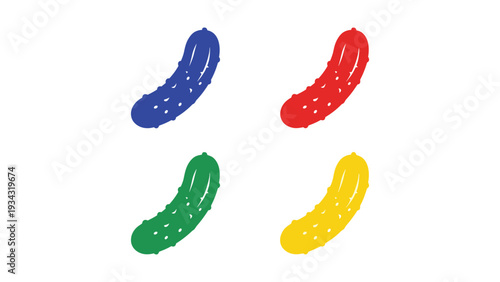 Four colorful pixelated cucumber shapes in distinct bright colors
