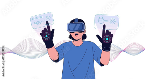 Person using VR headset and gloves interacting with futuristic interface