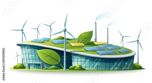 Modern Green Building with Solar Panels and Wind Turbines.