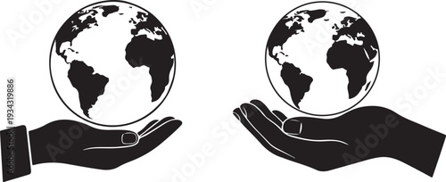 Hand holding earth: black and white line art of global unity and care, Hand holding globe earth illustration world concept drawing art
