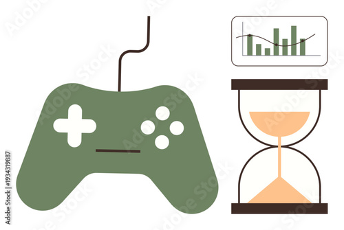 Time management, gaming habits, analytics, gaming industry, productivity, digital leisure. A green gaming controller, hourglass and data chart. Time management and gaming habits concept