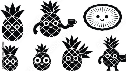 Kawaii pineapple character set close up front view smiling holding cup waving and sliced kiwi companion black silhouette vector sticker sheet playful flat graphic cute simple
