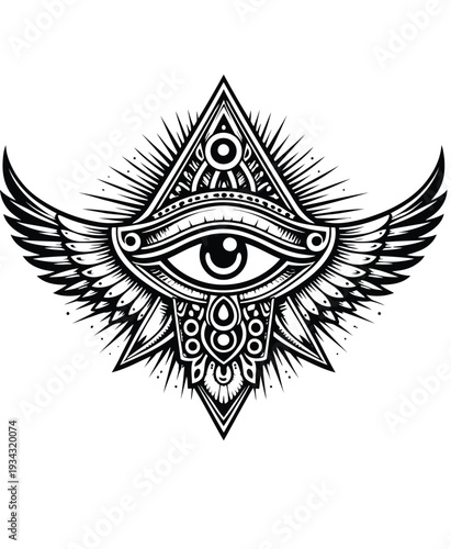 All Seeing Eye Symbol with Wings and Ornate Details.