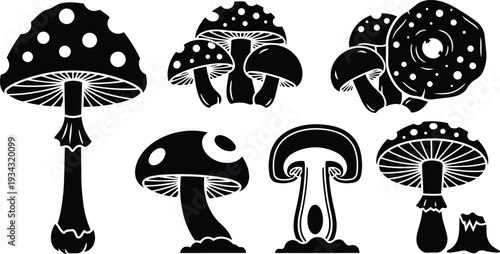 Vector black mushroom silhouettes close up showing various toadstool shapes with visible gills stems and spotted caps isolated on white background minimal graphic style