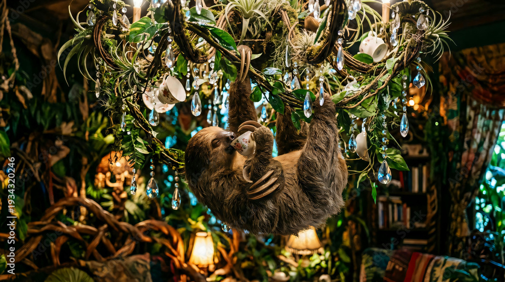 Naklejka premium Sloth vine chandelier with tea sip posture, calm face dangle, hanging amid lush greenery, captured in a cozy, tranquil view