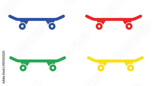 Four colorful skateboards with distinct wheels and deck designs displayed in pairs