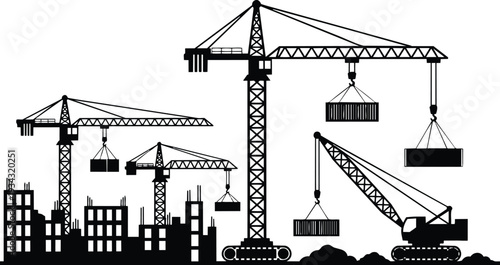 Black silhouette low angle tower cranes lifting shipping containers over urban construction site with crawler crane and partially built concrete buildings dramatic monochrome industrial scale