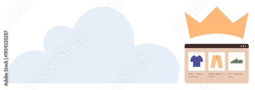 Cloud technology, e-commerce, online shopping, digital business, cloud storage, retail innovation. A cloud icon and a crowned web browser showing clothing items. Cloud technology and e-commerce