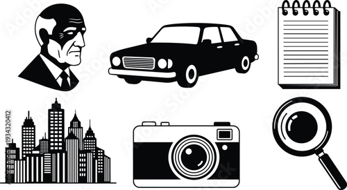 Flat black and white vector icons set profile businessman looking right vintage car side view spiral notepad lined pages city skyline camera lens and magnifying glass