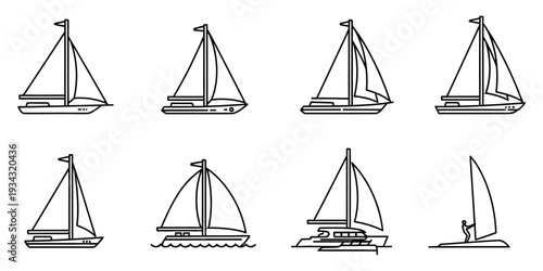 Modern sailboat and yacht line icon collection nautical maritime vector design set
