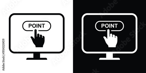 Monitor icon showing a hand clicking a "POINT" button. Clean vector graphic for user interface instructions, software navigation, and digital touchpoint demonstrations.
