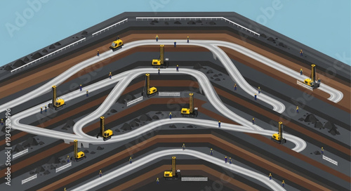 Multi-level highway interchange with vehicles and traffic flow.