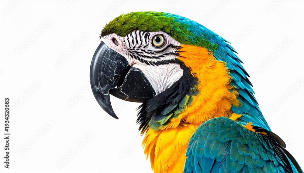 Obraz premium Vibrant Blue and Yellow Macaw Parrot Portrait Isolated on White Background