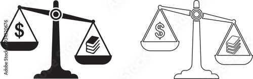 Money and books scale on a vector illustration.