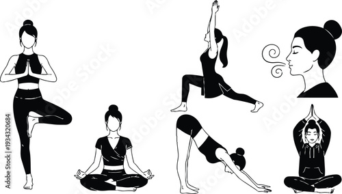 Minimalist vector illustration multiple women practicing yoga tree pose warrior lunge downward dog seated meditation breathing exercises studio close up profile exhale morning soft lighting calm