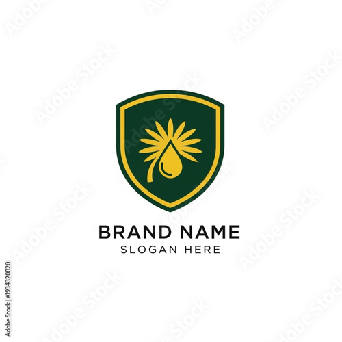 Green shield logo with sun and drop emblem for brand identity.