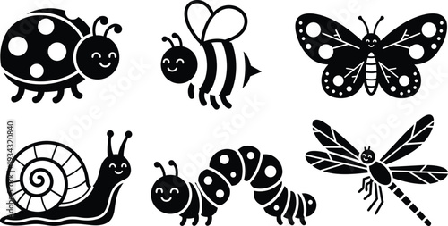 Playful black insect icons set showing ladybug bee butterfly snail caterpillar and dragonfly smiling faces flat silhouette illustrations for nature craft education playful cheerful