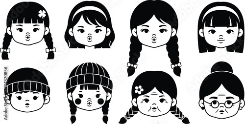 Flat black and white icon set of eight girl and woman faces with braids hats bun glasses front view close up simple line art portrait illustrations