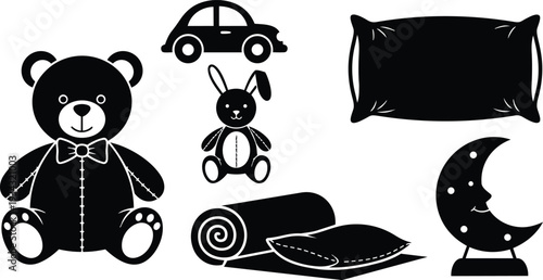 Flat silhouette baby nursery icons close up teddy bear rabbit toy small car rolled blanket pillow crescent moon lamp black vector on white background minimal design