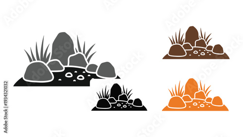 Abstract illustration of stylized rocky landscapes with variations in terrain and vegetation