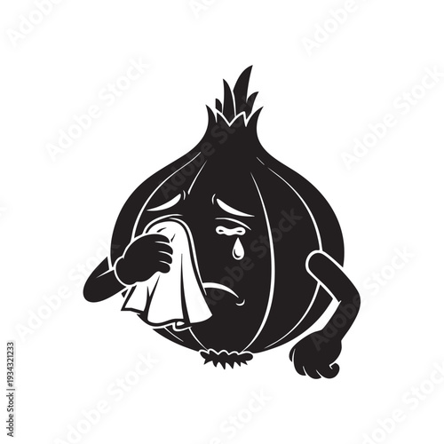 Sad onion cartoon wiping tears with handkerchief