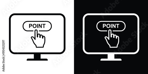 Monitor icon showing a hand clicking a "POINT" button. Clean vector graphic for user interface instructions, software navigation, and digital touchpoint demonstrations.