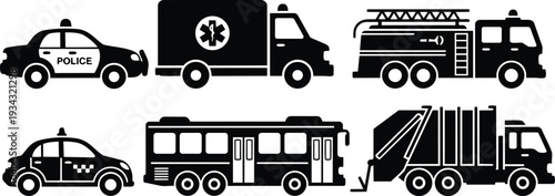 Flat black vector icons side view of police car ambulance fire truck taxi city bus and garbage truck in row high contrast minimal transport silhouettes set