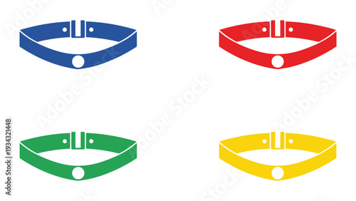 Four colorful dog collars with distinct designs and buckles displayed side by side