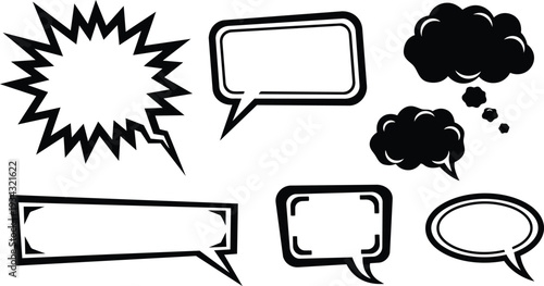 Retro comic speech bubble set with spiky explosion bubble rectangular and oval callouts isolated on white background bold black silhouettes flat vector style high contrast shapes