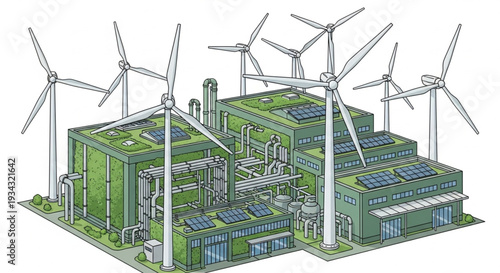 Modern Green Energy Power Plant with Wind Turbines and Solar Panels.