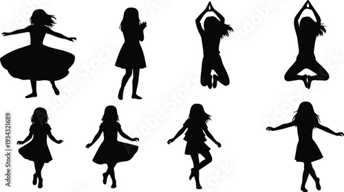 Silhouette girls dancing and jumping in various poses eight black figures on white background close up side and front views playful motion flowing skirts hair movement