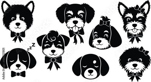 Flat vector dog head icons eight black puppy faces front view with bows and bow ties winking sleeping tongues out close up isolated on white background