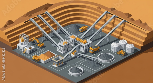 Industrial facility with cranes and storage tanks.
