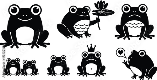 Cute vector frog icons set close up smiling and serious frogs sitting croaking holding lotus leaf and crowned frog simple black silhouettes flat style friendly whimsical