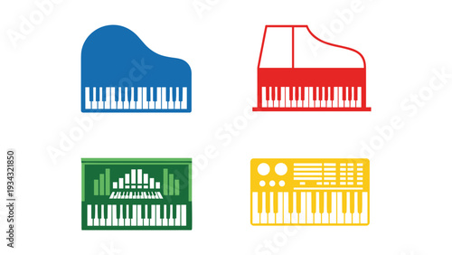 Four types of musical keyboards displayed with distinct color schemes and designs.
