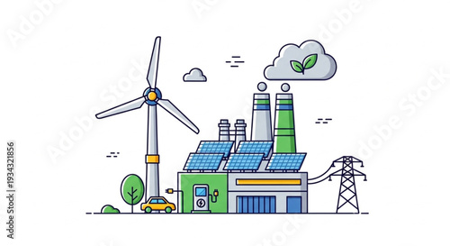 Modern Green Energy Production Facility with Wind Turbine and Solar Panels.