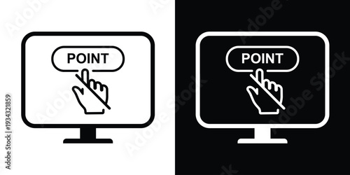 Computer screen icon with a hand clicking a "POINT" button. Bold vector illustration representing software selection, interactive touchpoints, and digital instructions.