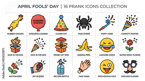 Funny Surprise and Joke Icon Pack, April Fools Day Flat Illustration
