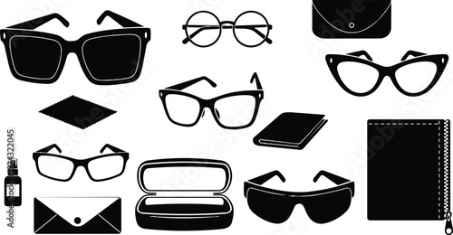 Minimalist black eyeglass icons set top view assortment of round cat eye aviator wayfarer frames cases cleaning cloth spray bottle accessories soft pouch sunglass strap travel