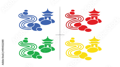 Colorful dragon and pagoda illustrations in four vibrant tones